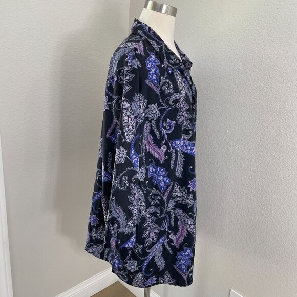 Catherines Womens Plus 3X Blouse Purple Black Floral Roll Tab Sleeve Shirt Top - Picture 3 of 11